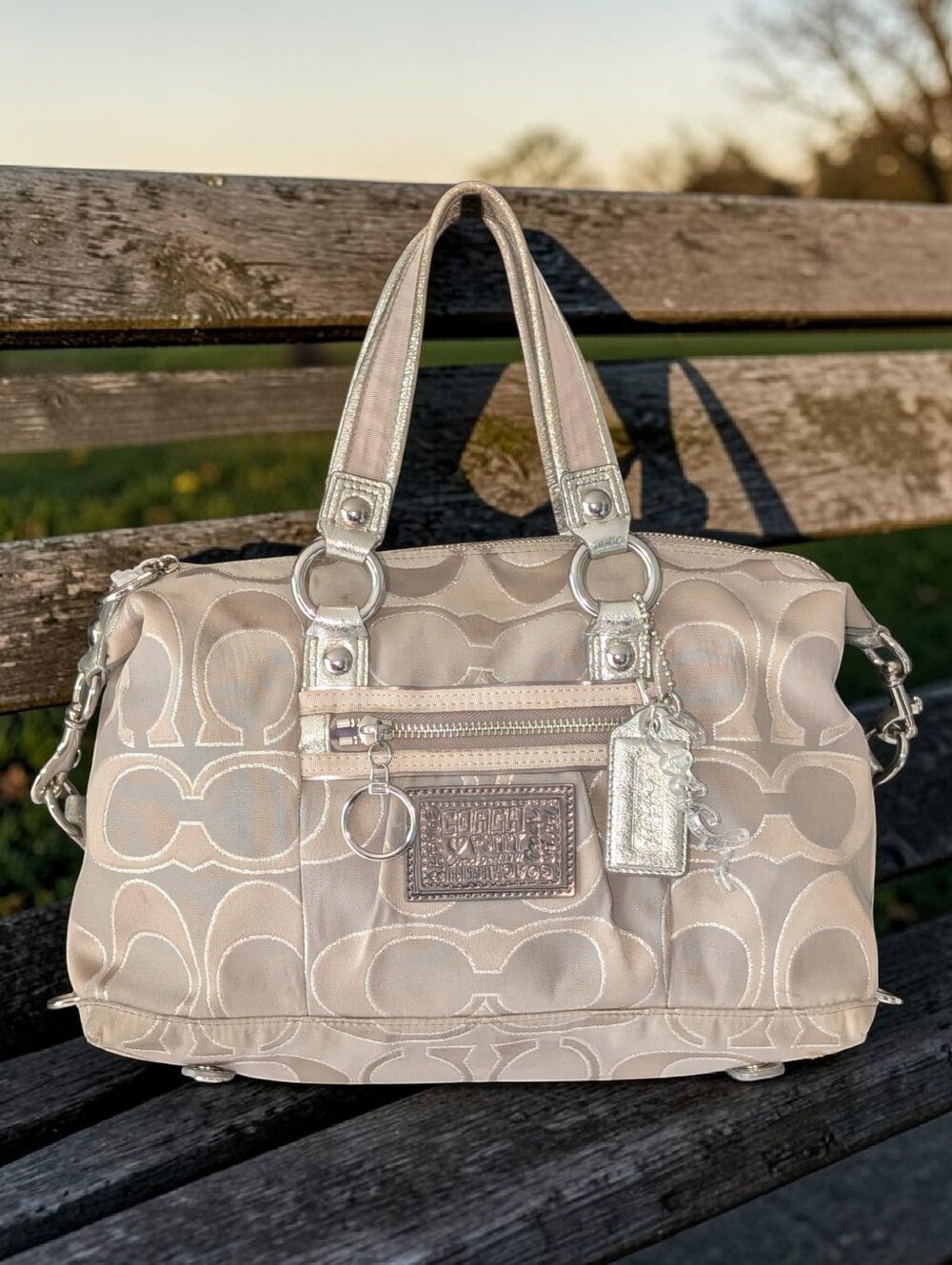 Coach Poppy Satchel in Silver and Gray Signature Jacquard